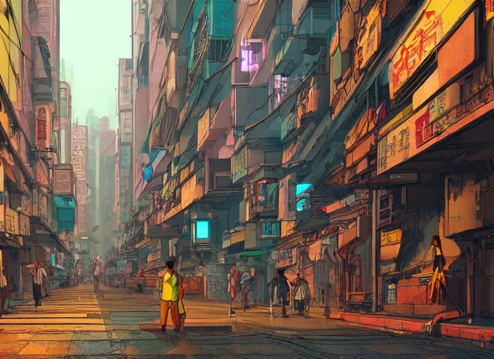 Image similar to a cyberpunk hong kong alley with robots and humans walking around by moebius, pixar color palette, clear details, street level