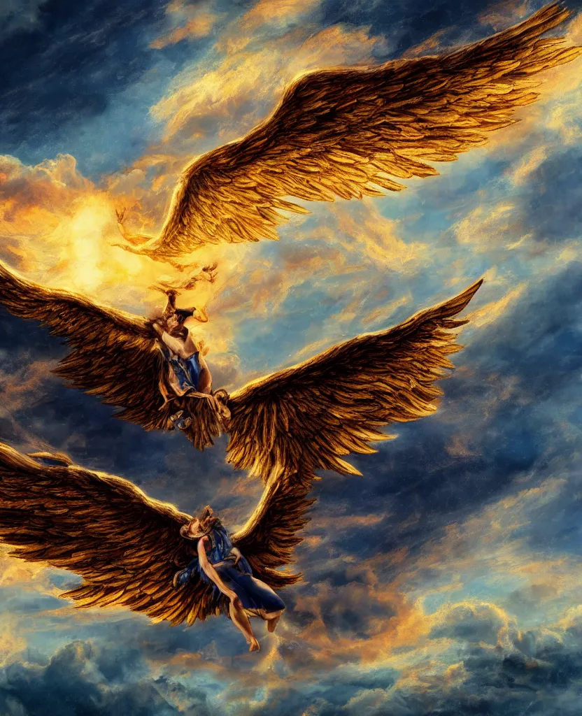 Prompt: icarus falling from the sky, golden big wings, dramatic, sunset clouds, tormented blue sea, extremely detailed, sharpness, 8 k