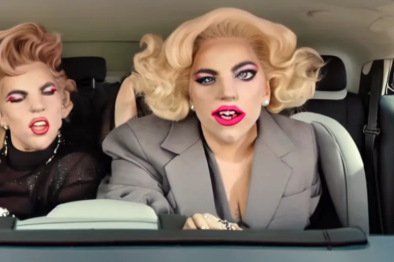 Image similar to carpool karaoke screenshot of lady gaga and judy garland, highly realistic, highly detailed, high resolution, 8 k 4 k,