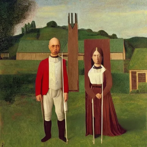 Image similar to two horses recreating the painting american gothic, by grant wood