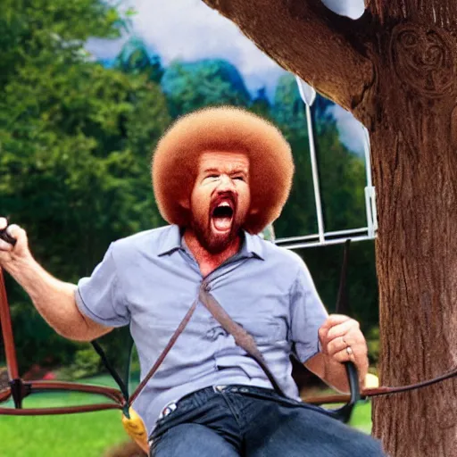 Image similar to angry bob ross screaming on the swingset