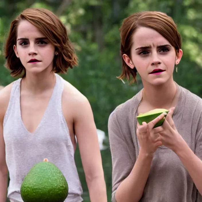 Image similar to emma watson as a live action avocado, movie still, 8 k