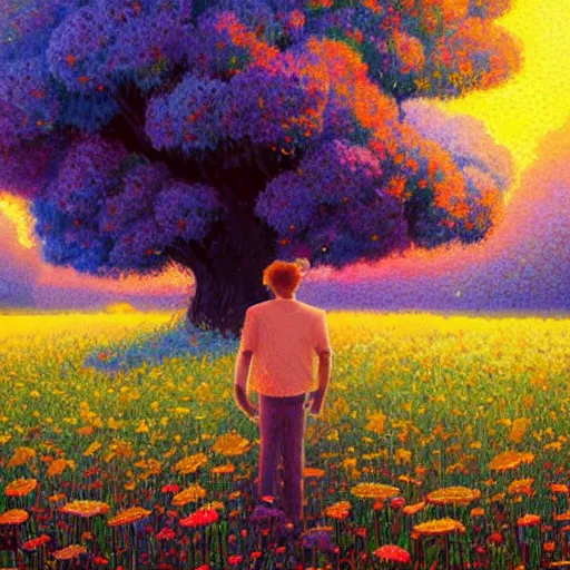 Image similar to head made of flowers, standing in a flower field, big trees, sunrise dramatic light, impressionist painting, colorful clouds, digital painting, pointillism, artstation, simon stalenhag