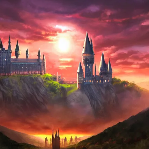 Prompt: sunset over hogwarts, Artstation, magic the gathering artwork, landscape