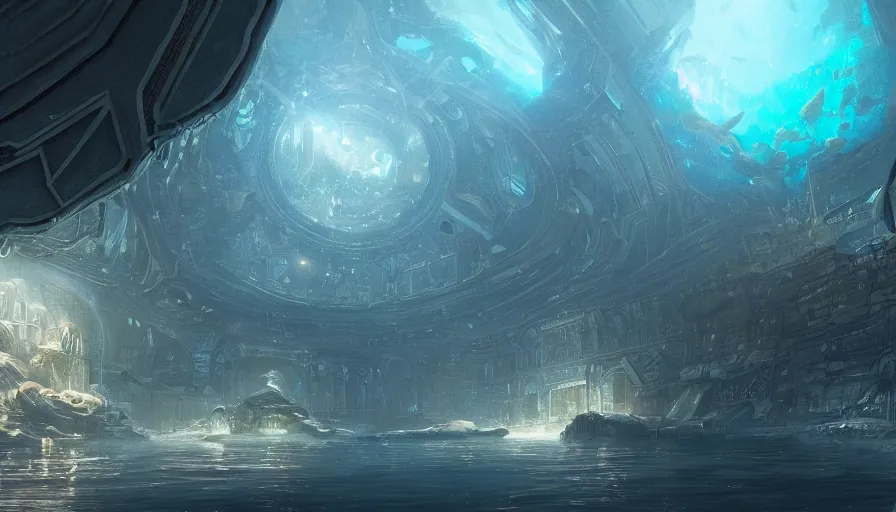 Prompt: Concept art of a luminous underwater city under a dome protecting it, hyperdetailed, artstation, cgsociety, 8k