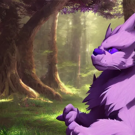 Image similar to concept art painting of an anthropomorphic purple humanoid furry dragon, in the deep forest, realistic, detailed, cel shaded, in the style of makoto shinkai and greg rutkowski and james gurney