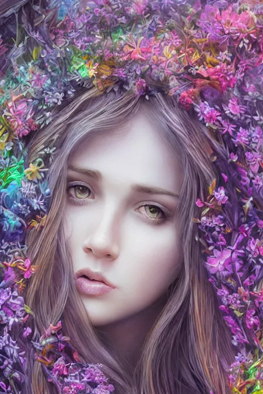 Prompt: elaborately detailed close up realistic portrait of an extremely beautiful girl with very long dark hair surrounded by flowers, an eerie mist and many ethereal rainbow bubbles, Art Noveau, Aetherpunk, atmospheric lightning, dreamscape maximized, iridiscent geometry, high fantasy professionally painted digital art painting, fantasy matte painting movie poster, smooth, sharp focus, highly detailed illustration highlights, backlight, golden ratio, 8K detail post-processing, symmetrical facial features, rich deep moody colors, dark epic fantasy, award winning picture, featured on DeviantArt, trending on cgsociety