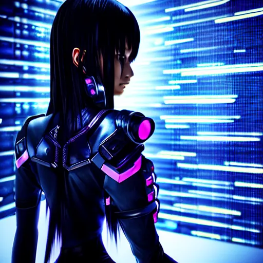 Image similar to An hyperrealistic epic anime comic painting of a cyber warrrior girl wearing futuristic fashion behind a wall of matrix, sci-fi, black and silver color combination, heavy rainning at future sci-fi tokyo street night, neon ligh, DAZ, 8k, unreal 5 engine render, cosplay, RPG portrait, dramatic lighting, low keys light, rim lights, PS5 render