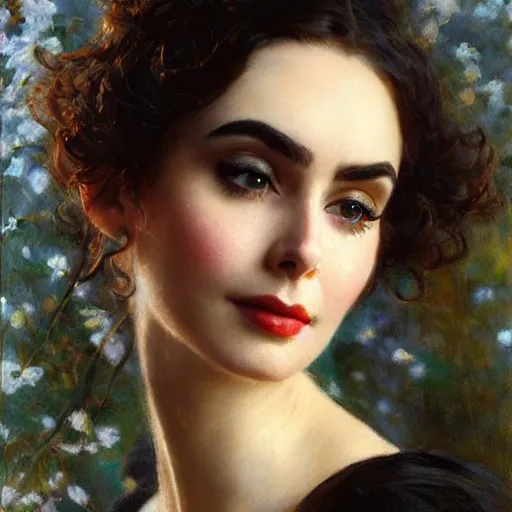 Image similar to detailed portrait of lilly collins in black clothes, spring light, painting by gaston bussiere, craig mullins, j. c. leyendecker