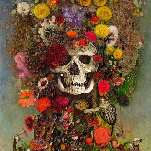 Prompt: 'Life from death' A beautiful detailed aesthetic horror painting depicting 'A skeleton with plants and flowers growing all over it, birds and bees flying all around it' by Odilon Redon and giuseppe arcimboldo, Trending on cgsociety artstation, 8k, masterpiece, cinematic lighting.