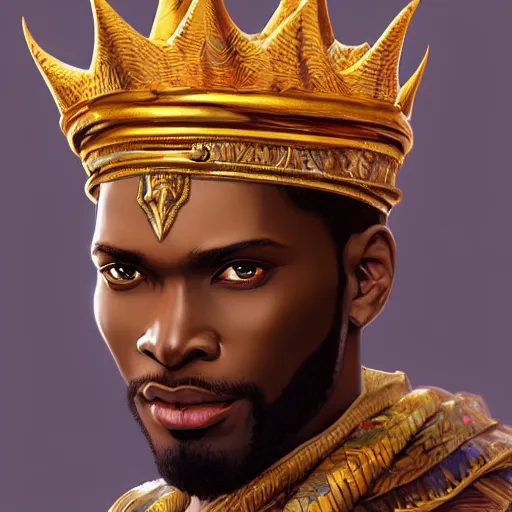 Prompt: an african wise king with a crown of golden flower petals, kemetic, D&D, fantasy, intricate, elegant, highly detailed, digital painting, artstation, concept art, matte, sharp focus, illustration, art by Artgerm and Greg Rutkowski and Alphonse Mucha