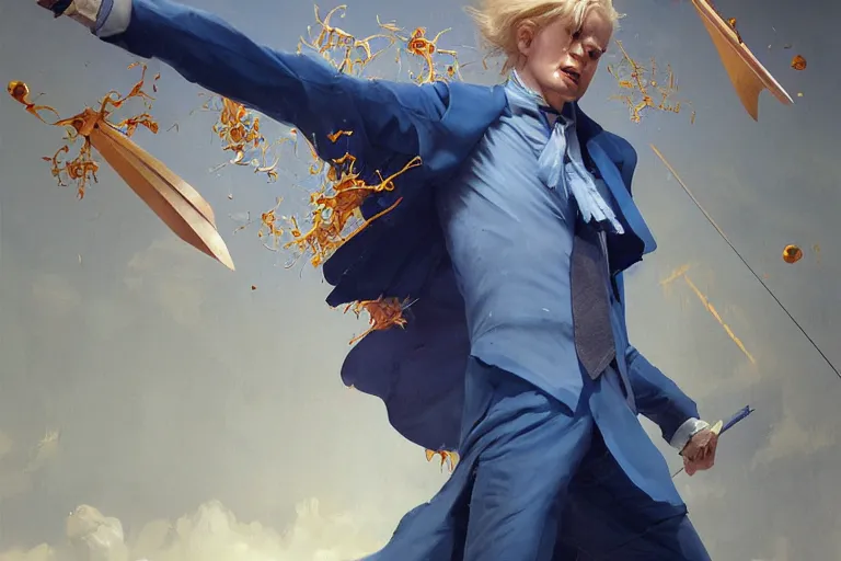 Image similar to a blond man in a blue suit attacked by flying swords, organic painting, sunny day, matte painting, bold shapes, hard edges, street art, trending on artstation, by huang guangjian, gil elvgren, ruan jia, randy vargas, greg rutkowski