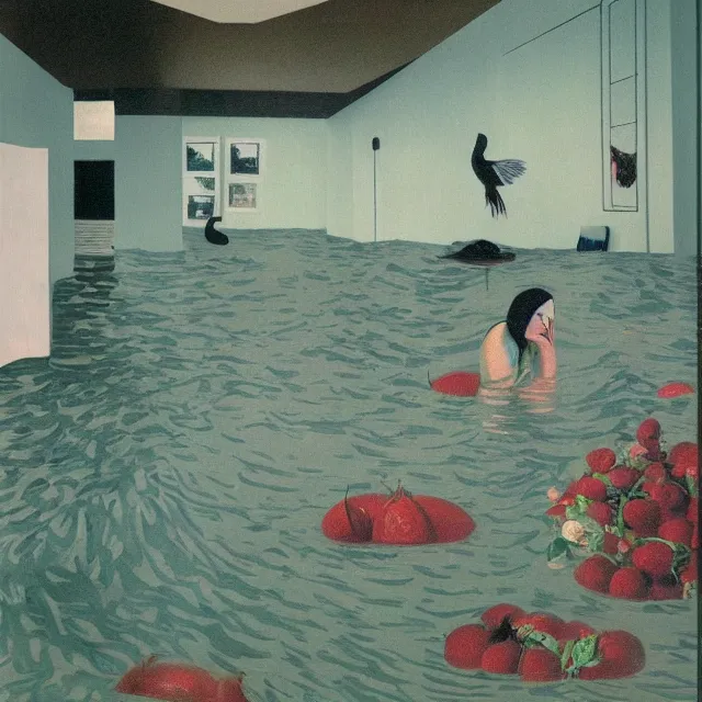 Image similar to painting of flood waters inside an apartment, tall female emo art student, a river flooding indoors, pomegranates, pigs, ikebana, water, river, rapids, waterfall, black swans, canoe, berries dripping, acrylic on canvas, surrealist, by magritte and monet