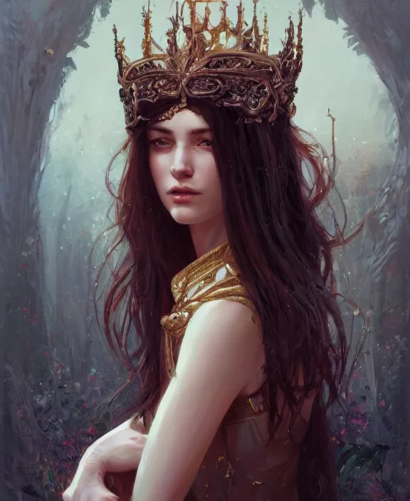 Prompt: masterpiece concept art of a beautiful brunette woman with pale skin and a crown on her head seated on an intricate shadow throne, a beautiful highly detailed fae lady, extremly emotional, cinematic moody colors, realistic shaded lighting poster by ilya kuvshinov, magali villeneuve, artgerm, jeremy lipkin and michael garmash and rob rey