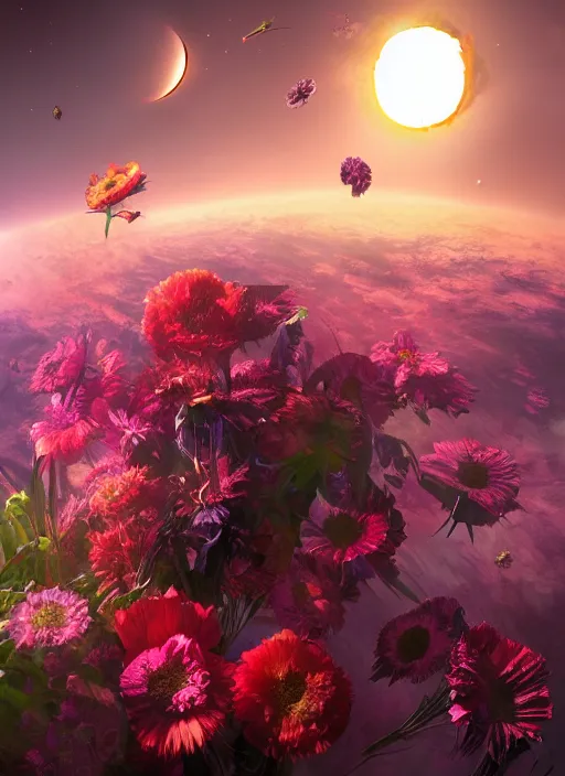 Image similar to An epic fantastic realism comic book style painting of the most beautiful flowers launched into space, bouquets, solar eclipse, fisheye, unreal 5, DAZ, hyperrealistic, octane render, dynamic lighting