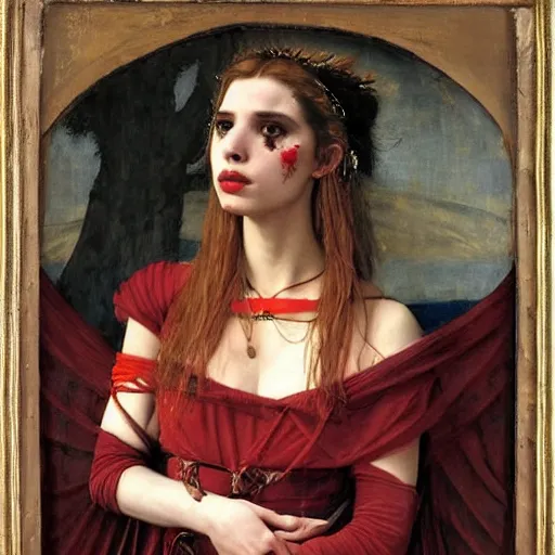 Prompt: emma roberts as a bandit queen, goddes of the vampires, red silk dress, bloodshot eyes by edgar maxence and caravaggio and michael whelan and delacroix