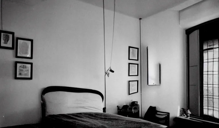 Image similar to A bedroom designed by Marcel Duchamp, 35mm film, long shot