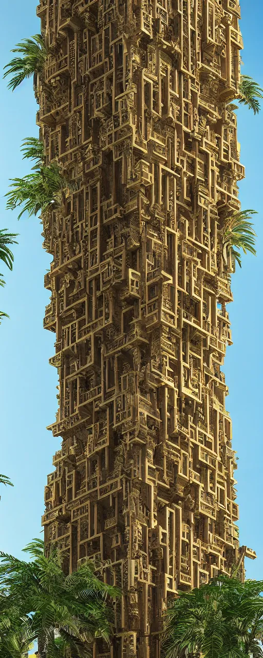 Prompt: eye level view of a contemporary babylon tower, golden intricate details, stone facade, sacred architecture, hanging gardens, cascading highrise, arid mountains with lush palm forest, photorealistic, sunlight, post - production, octane, cgi, sfx