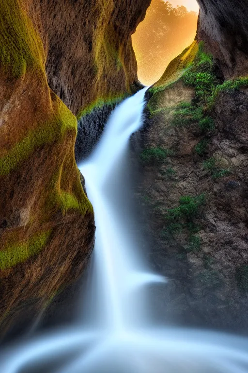 Prompt: An award winning professional photograph of a cliff face with a waterfall, long exposure shot, stunning composition.