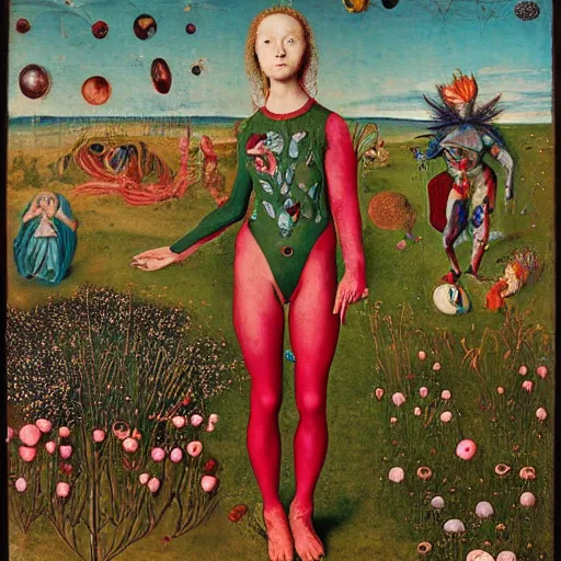 Prompt: a wide landscape with a tattood alien girl with fish scales and feathers swimming with flowers by jan van eyck, ernst fuchs, nicholas kalmakoff, joep hommerson, character, full body, catsuit, max ernst, hans holbein