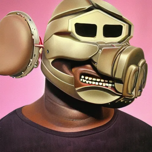 Image similar to beautiful lifelike painting of mf doom knowing what time it is like its time for teletubbies, hyperreal detailed facial features and uv lighting, art by ed roth and basil wolverton