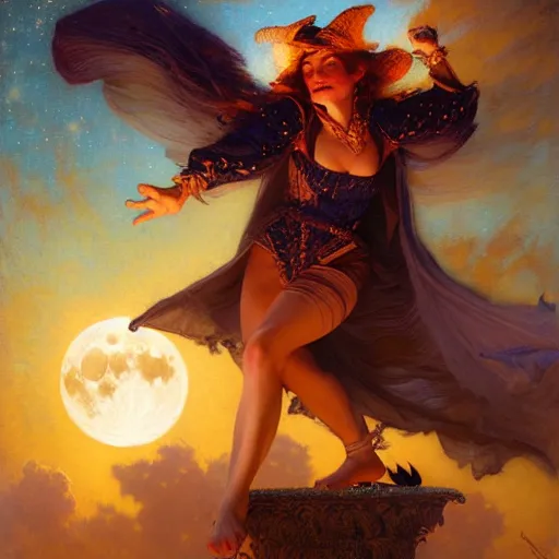 Image similar to attractive witch magically flying trough the night, fantasy, full moon in background. highly detailed painting by gaston bussiere, craig mullins, j. c. leyendecker 8 k