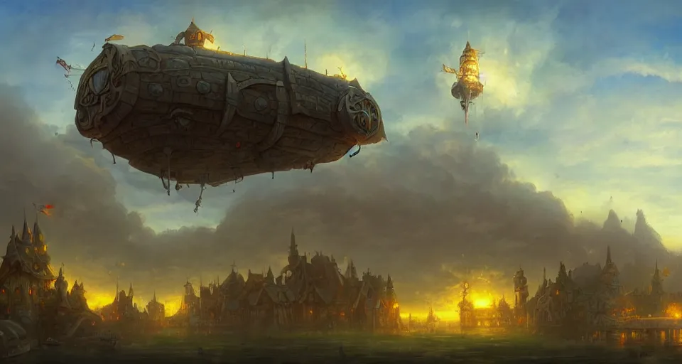 Image similar to landscape an fantasy town in the sky and an airship flying towards it andreas rocha