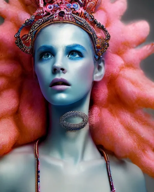 Prompt: natural light, soft focus extreme close up portrait of an android with soft synthetic pink skin, blue bioluminescent plastics, smooth shiny metal, elaborate ornate head piece, piercings, skin textures, by annie leibovitz, paul lehr