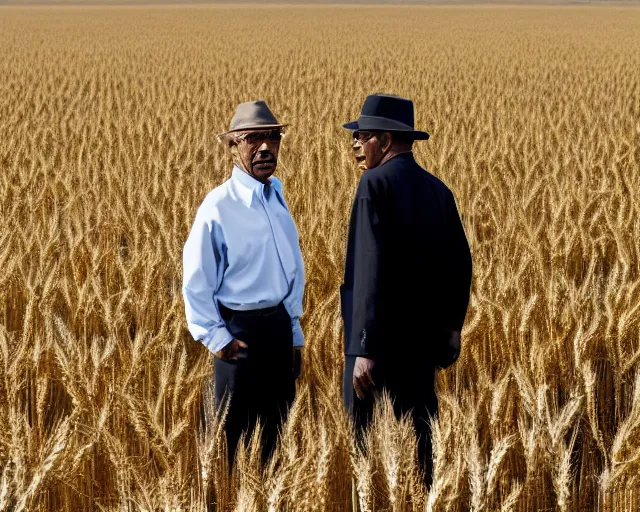 Image similar to extreme long shot of walter white wearing a black hat and gustavo fring standing facing each other from a distance in a wheat field, insanely detailed, low angle, side view, perfect angle, 8 5 mm photograph, 8 k resolution, wide shot, sharp lens, cinematic