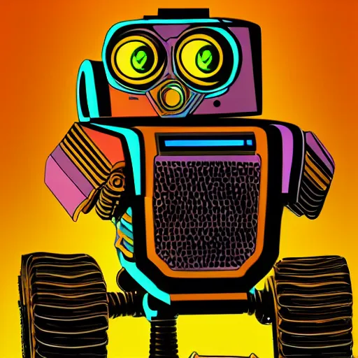 Prompt: portrait of the robot from the 2 0 0 8 pixar animated film wall - e in the style of cyberpunk neon, art, colorful image, sharp focus, logo, icon, dark background, photo realistic, concept art, low detailed