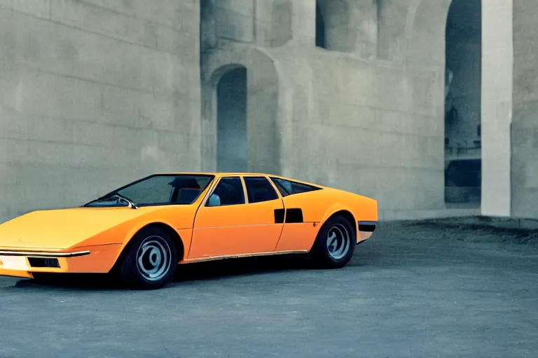 Image similar to designed by giorgetto giugiaro stylized poser of a single 1 9 7 5 de tomaso pantera volvo estate, neon, ektachrome photograph, volumetric lighting, f 8 aperture, cinematic eastman 5 3 8 4 film