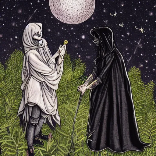 Image similar to a tall goth brunette woman in a black hooded cloak, standing beside a short butch blonde tomboy woman engineer, in a garden at night, soft and romantic, illustration, highly detailed, dark muted colors, constellations