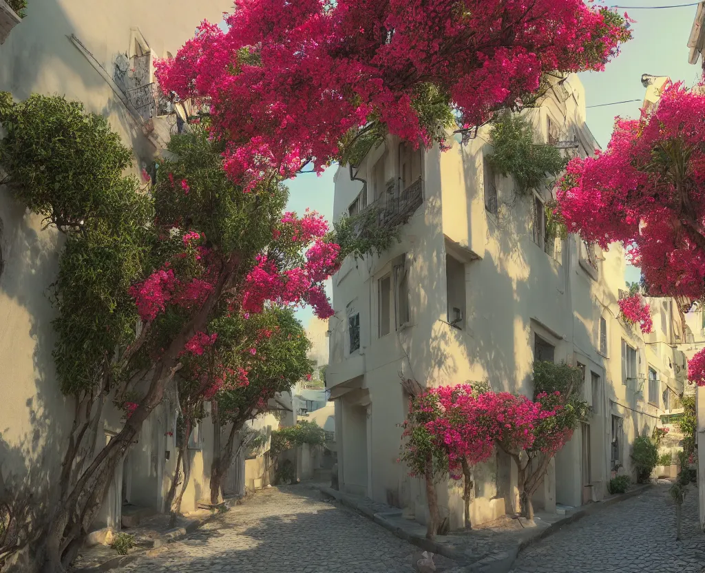 Prompt: a very beautiful scene, ambient occlusion render. small street in tel aviv, sunlight, bougainvillea, hyperrealistic, 4 k. wide angle. wild. deep focus, lovely scene. concept art. unreal engine.