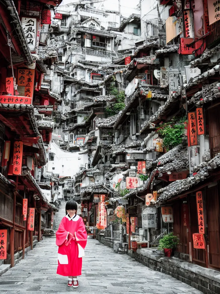 Image similar to 2 0 0 1 digital photo of a young japanese girl cosplaying as chihiro from “ spirited away ”, in a beautiful location of jiufen in taiwan. highly - detailed professional photography.