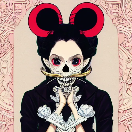 Image similar to anime manga skull portrait young woman skeleton minnie mouse, intricate, elegant, highly detailed, digital art, ffffound, art by JC Leyendecker and sachin teng