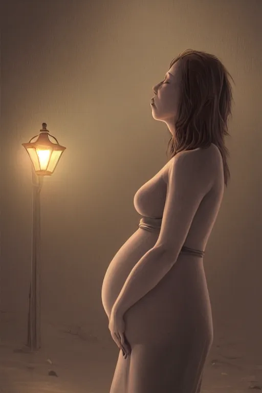 Prompt: pregnant woman under street light, highly detailed, sharp focused, ultra realistic digital concept art by Joongwon Charles Jeong