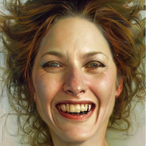 Prompt: frontal portrait of a woman so happy, her face hurts, by donato giancola.