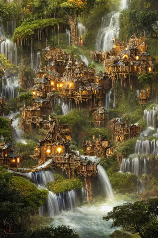 Image similar to wooden elven City with golden roofs, arches and bridges on top of a WATERFALL in the fall, gnarly trees, lush vegetation, forrest, a small stream runs beneath the waterfall, landscape, raphael lacoste, eddie mendoza, alex ross, john howe, concept art, matte painting, highly detailed, rule of thirds, dynamic lighting, cinematic, detailed, denoised, centerd, clean render