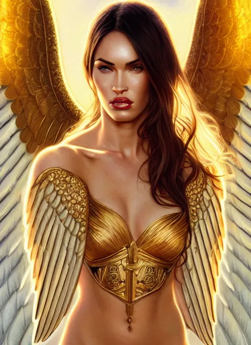 Prompt: portrait of megan fox as an blonde angel, wings, bible, corona, gold, jewelry, intricate, headshot, highly detailed, digital painting, artstation, concept art, sharp focus, cinematic lighting, illustration, art by artgerm and greg rutkowski, alphonse mucha, cgsociety