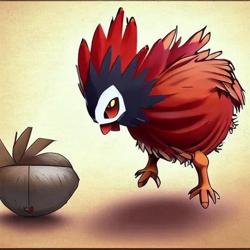 Image similar to A pokemon that looks like a rooster, The coconut shell wrapped around him,The rooster hides inside and sticks his head out to peek，Trending on art station. Unreal engine.