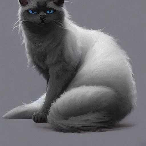 Image similar to a big dark grey cat with white belly, white paws and white face markings with long fur and fluffy tail sitting, intricate, elegant, highly detailed, digital painting, artstation, concept art, matte, sharp focus, illustration, art by Artgerm and Greg Rutkowski and Alphonse Mucha