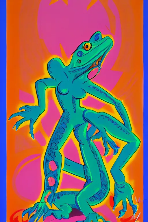 Prompt: An anthropomorphic lizard go-go dancer, beautiful female, 1960s steampunk psychedelic rave aesthetic. In the style of Ralph Bakshi and Alain Aslan. Oil on canvas, propaganda poster.