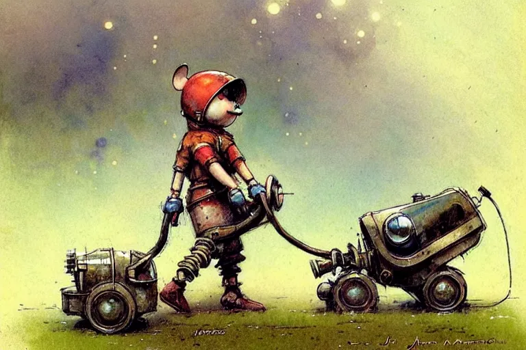 Image similar to adventurer ( ( ( ( ( 1 9 5 0 s retro future robot android fat mouse lawnmower. muted colors. ) ) ) ) ) by jean baptiste monge!!!!!!!!!!!!!!!!!!!!!!!!! chrome red