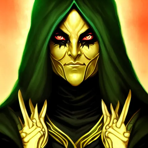 Image similar to intimidating portrait commission of a D&D cult leader wearing black robes and a golden mask. green eyes like spawn. Black Background with red swirls. character design by charlie bowater, detailed, inked, western comic book art