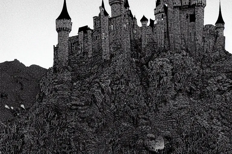 Prompt: draculas castle upon a thin spire by dan hillier by moebius