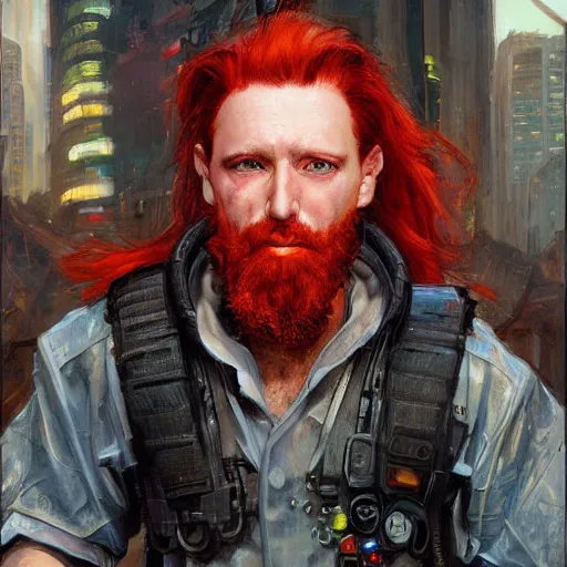 Image similar to a cyberpunk citizen with red hair and a beard, sci fi character portrait by Michael Garmash, Donato Giancola