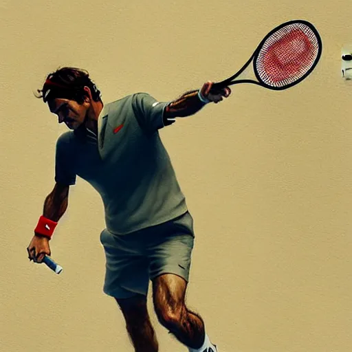 Image similar to roger federer playing tennis as a hero, picture by greg rutkowski, dynamic pose, intricate, futuristic, fantasy, elegant, by stanley artgerm lau, greg rutkowski, thomas kindkade, alphonse mucha, loish, norman rockwell,