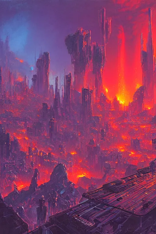 Image similar to a cyberpunk city in the crater of a volcano, lava flowing, smoke, fire, neon, industrial, by paul lehr, jesper ejsing