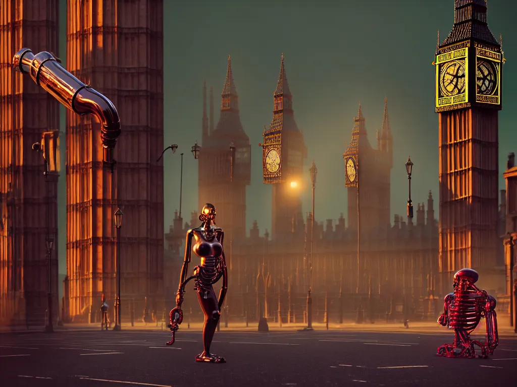 Prompt: a giant ancient beautiful cyborg of the elder gods with pipes and tubes in the city of London, an image of a beautiful cyborg, a beautiful cyborg, a cyborg, London streets with bigben in the background, colourful, dramatic lighting, golden hour, very detailed octane render very realistic beautiful