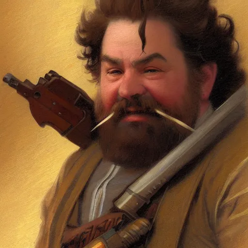 Prompt: detailed portrait painting of a dwarf gunslinger Thomas Kinkade, William-Adolphe Bouguereau and Ted Nasmith, Booru, RPG portrait, fantasy portrait